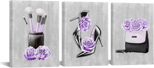 DuoBaorom Purple Fashion Wall Art Makeup Handbags Canvas Picture Women Bedroom Decor 12x16inchx3 Piece