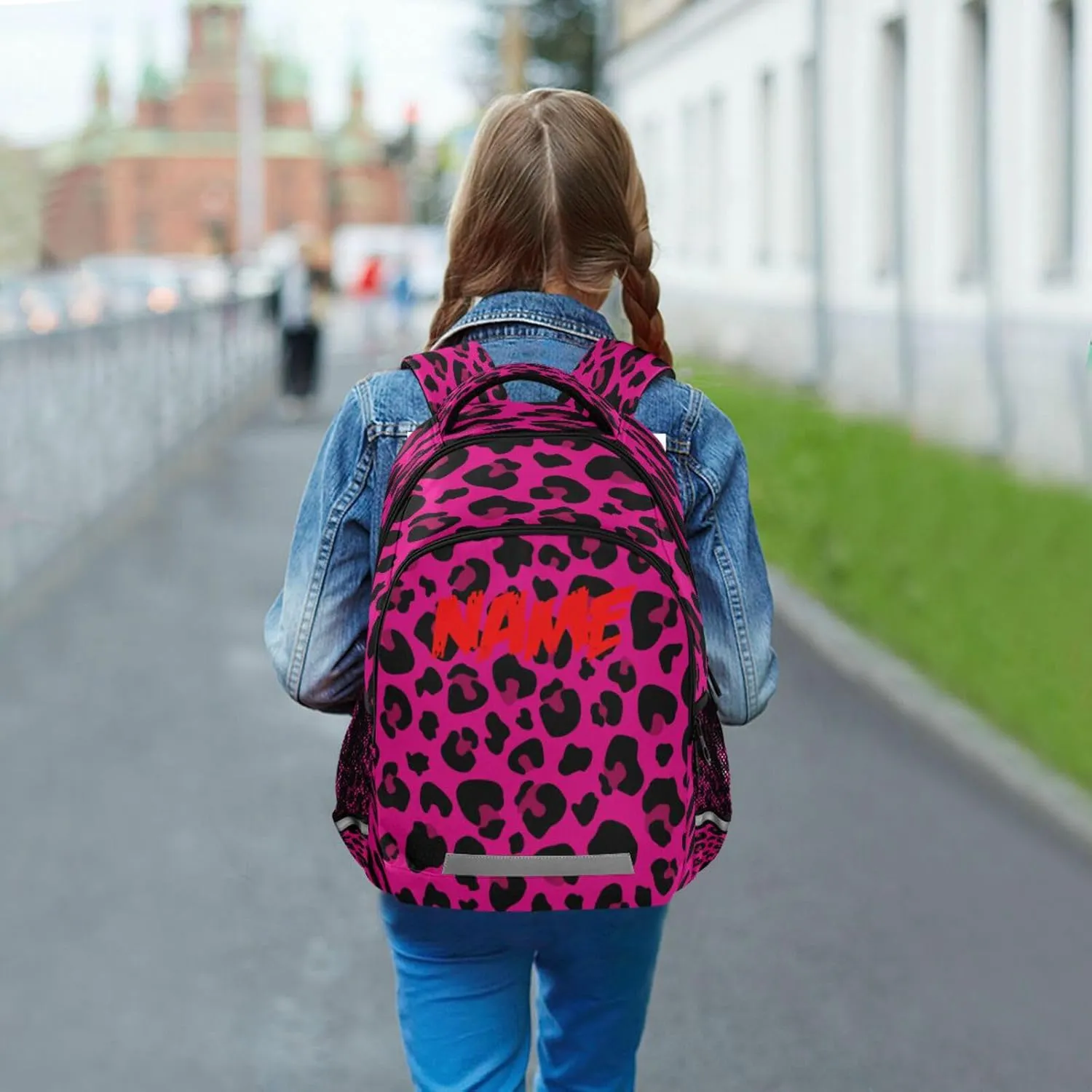 Dussdil Hot Pink Leopard Cheetah Custom Name Kid's Backpack Backpacks for Boys Girls 16 inch Casual Daypack Back Pack Laptop Bag Double Zipper Bags