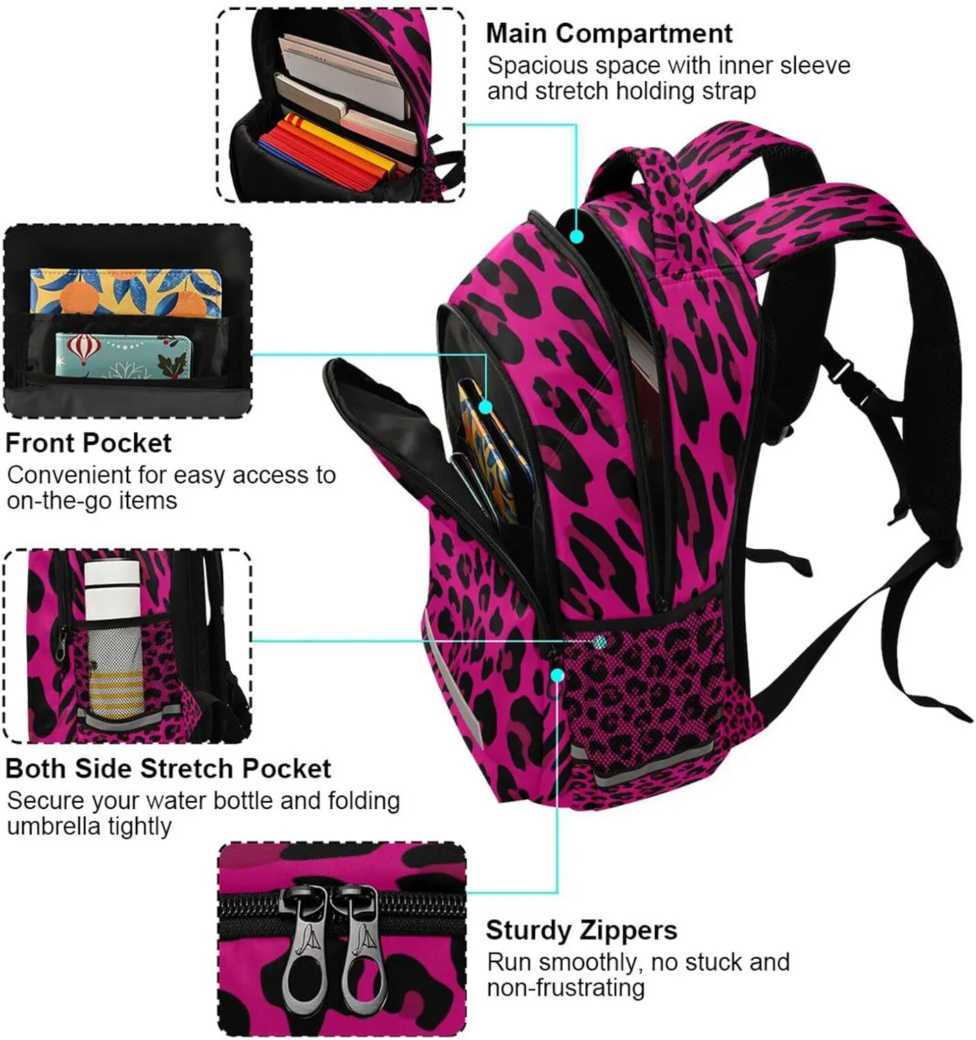 Dussdil Hot Pink Leopard Cheetah Custom Name Kid's Backpack Backpacks for Boys Girls 16 inch Casual Daypack Back Pack Laptop Bag Double Zipper Bags