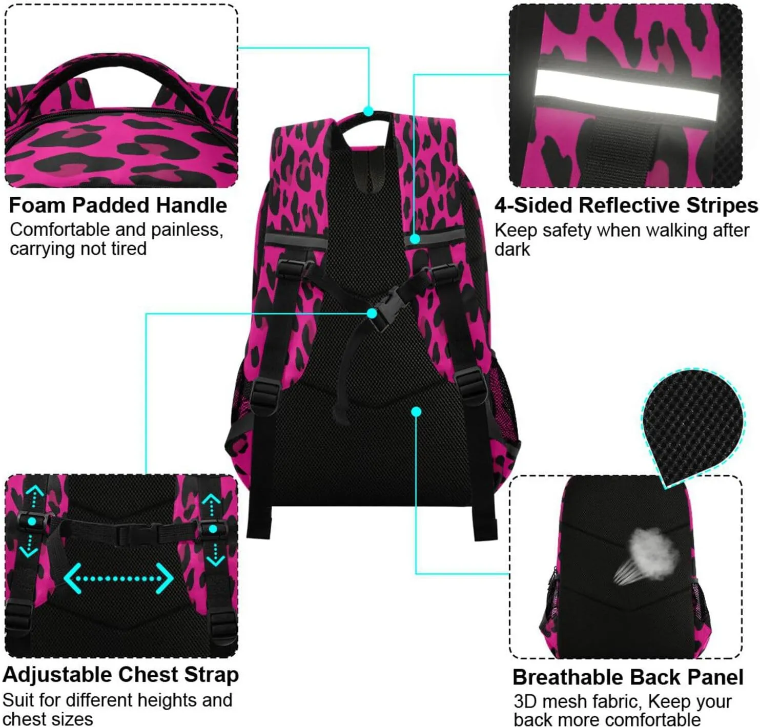 Dussdil Hot Pink Leopard Cheetah Custom Name Kid's Backpack Backpacks for Boys Girls 16 inch Casual Daypack Back Pack Laptop Bag Double Zipper Bags