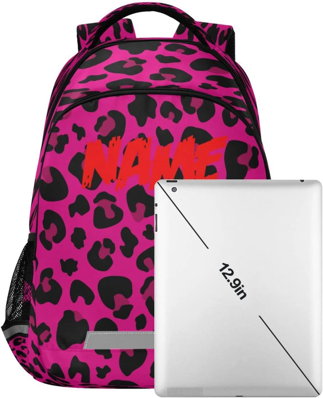 Dussdil Hot Pink Leopard Cheetah Custom Name Kid's Backpack Backpacks for Boys Girls 16 inch Casual Daypack Back Pack Laptop Bag Double Zipper Bags