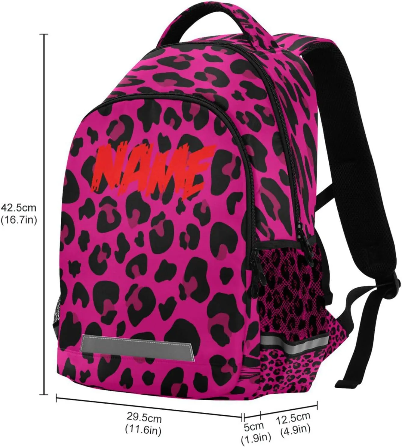 Dussdil Hot Pink Leopard Cheetah Custom Name Kid's Backpack Backpacks for Boys Girls 16 inch Casual Daypack Back Pack Laptop Bag Double Zipper Bags