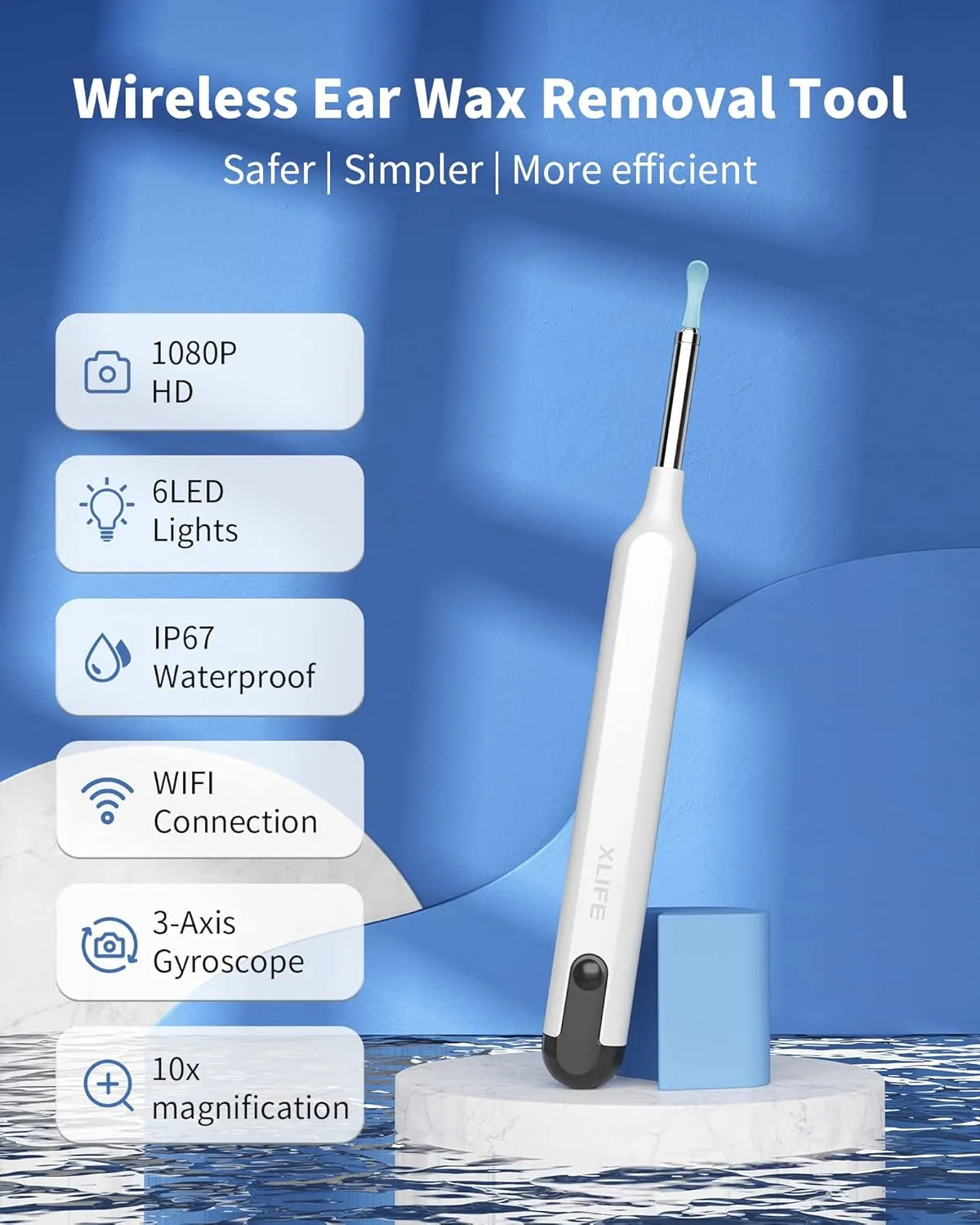 Ear Wax Removal Tool, Ear Cleaner with 1080P HD Camera, Ear Cleaner Kit with 7 PCS Ear Set, Wireless Otoscope with 6 Lights, Ear Wax Removal Kit for iPhone, iPad, Android Smart Phones（White）
