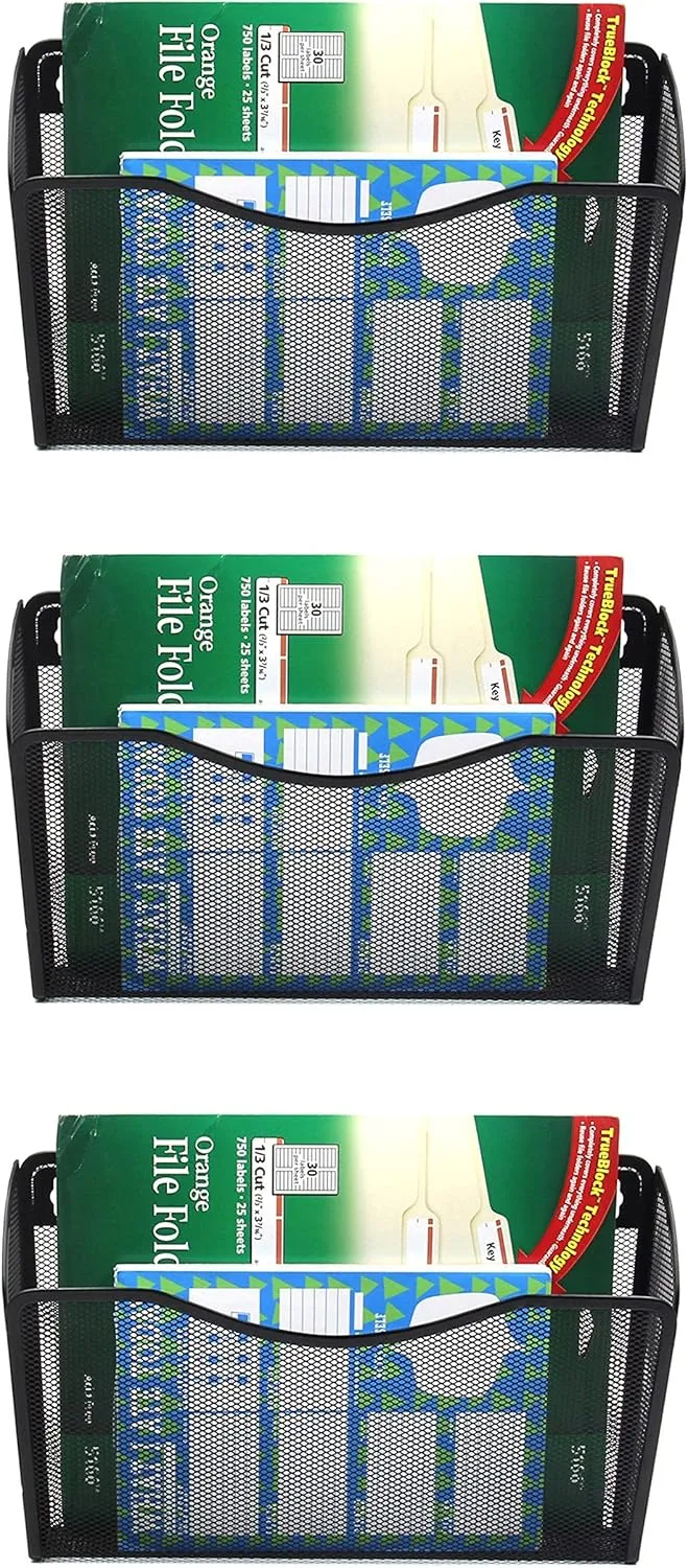 EASEPRES 3 Single Pocket Mesh Hanging File Organizer, Vertical Wall Mounted Magazine File Holder, Mount Basket Mail Paper Document Folder Organizing for Office, Home and School, Black