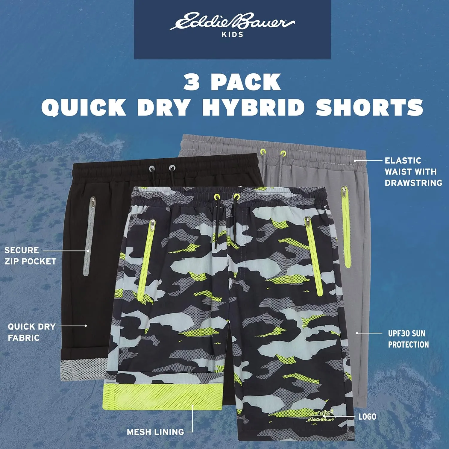 Eddie Bauer Boys' Active Shorts - 3 Pack Quick Dry Athletic Shorts - Hybrid Mesh Performance Shorts for Boys (4-16)