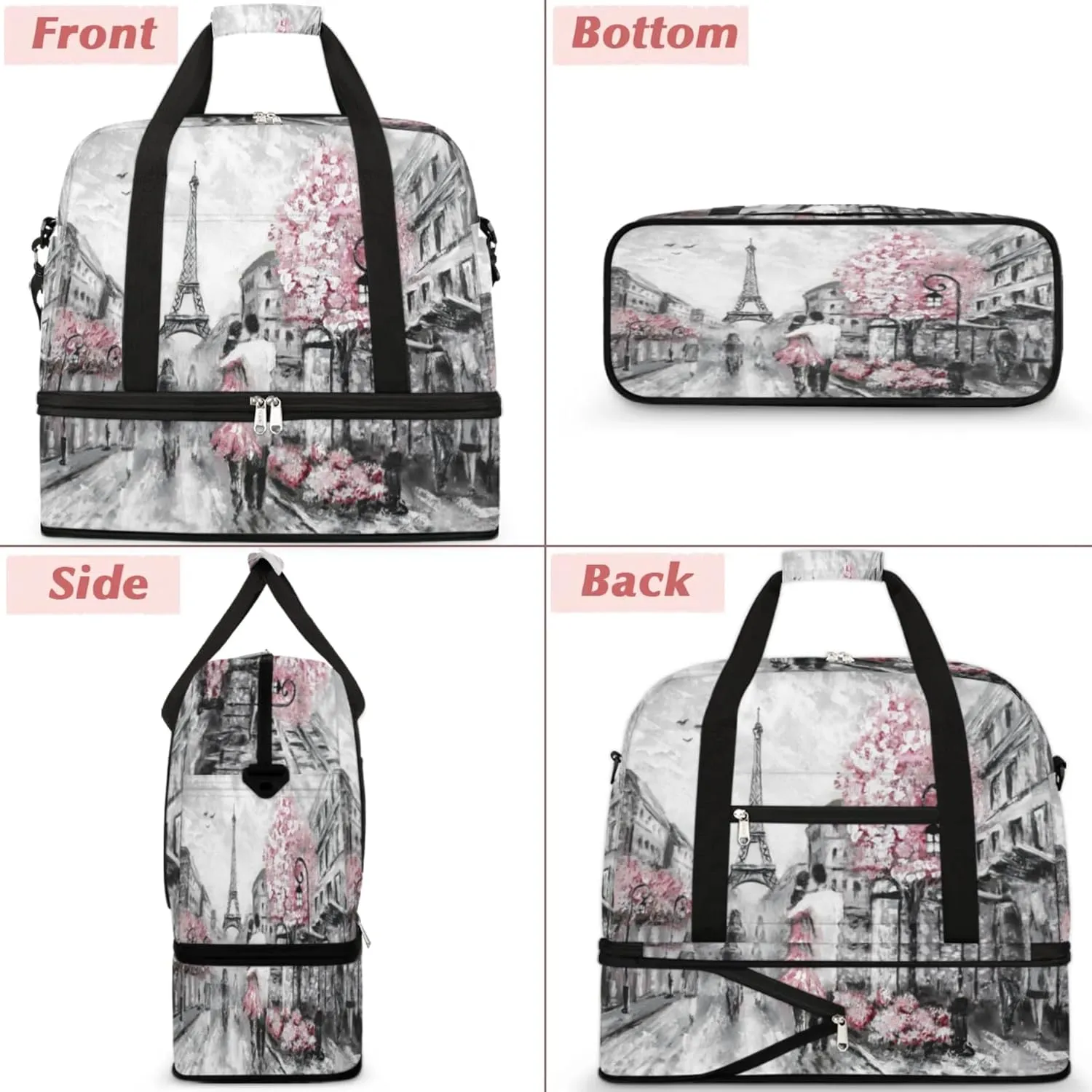 Eiffel Tower Foldable Travel Duffel Bag, Expandable Sports Gym Bag with Shoes Compartment Weekender Overnight Totes Bags for Women Men