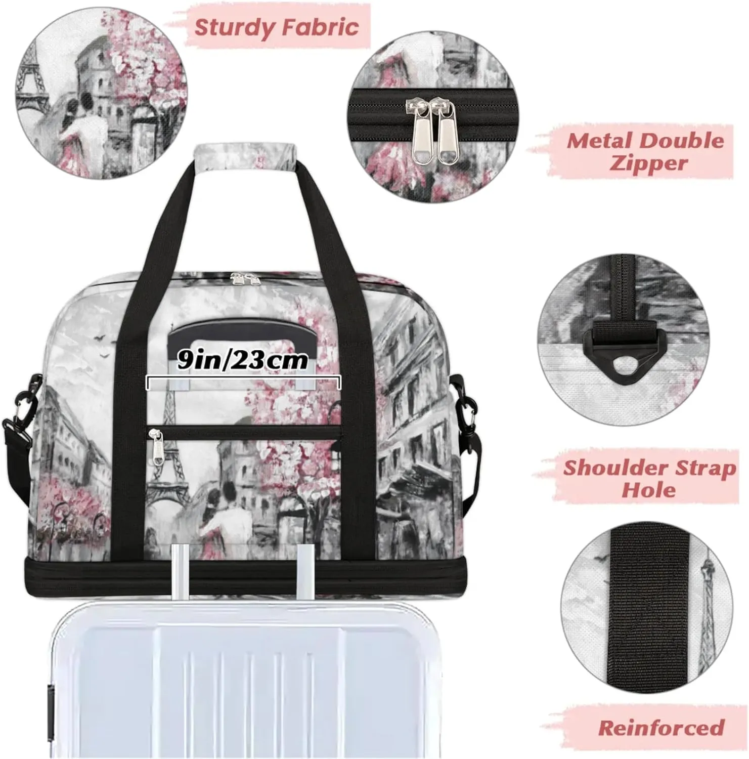 Eiffel Tower Foldable Travel Duffel Bag, Expandable Sports Gym Bag with Shoes Compartment Weekender Overnight Totes Bags for Women Men