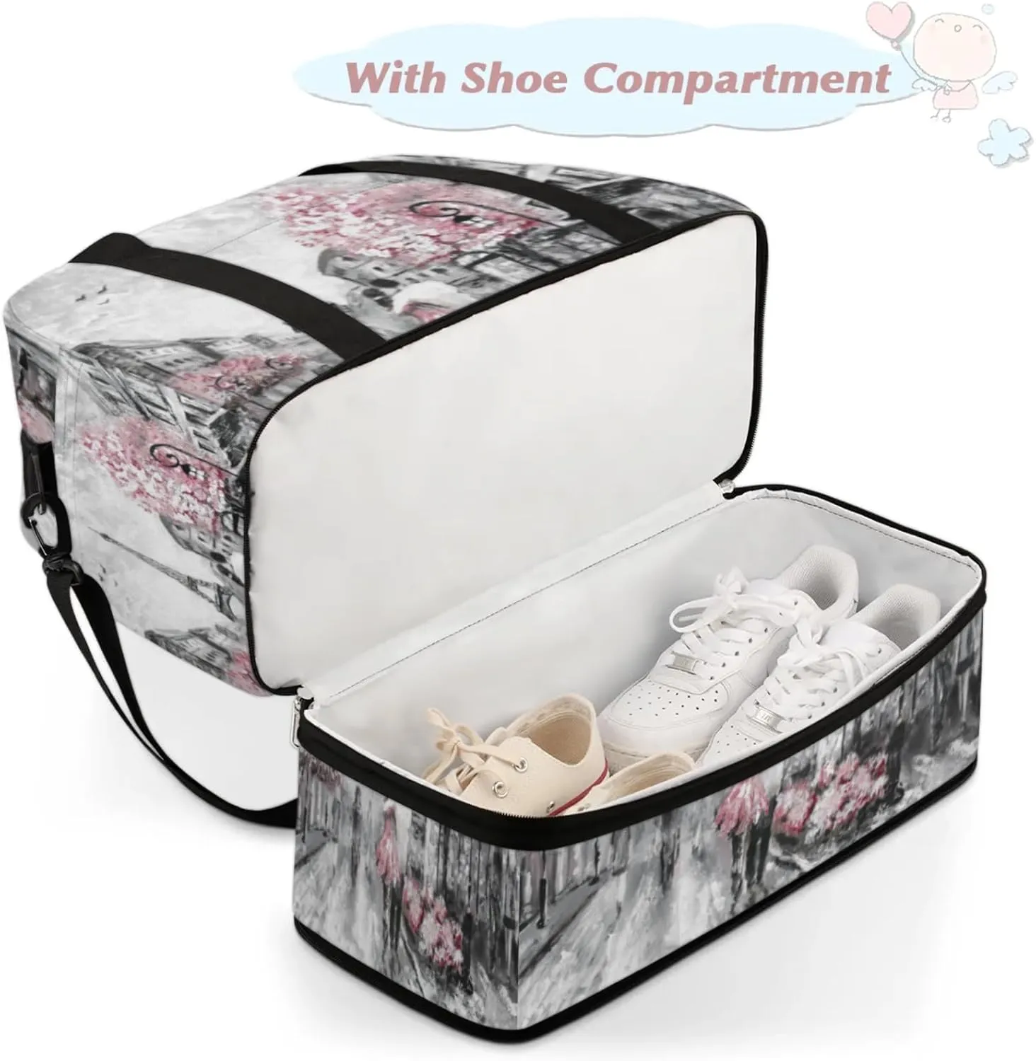 Eiffel Tower Foldable Travel Duffel Bag, Expandable Sports Gym Bag with Shoes Compartment Weekender Overnight Totes Bags for Women Men