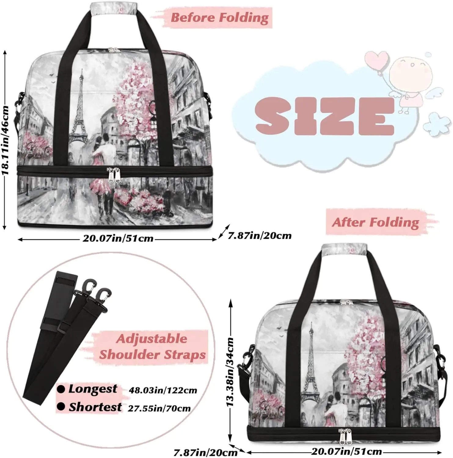 Eiffel Tower Foldable Travel Duffel Bag, Expandable Sports Gym Bag with Shoes Compartment Weekender Overnight Totes Bags for Women Men