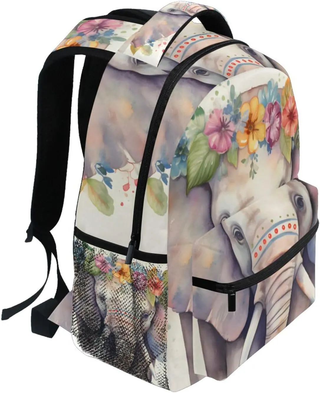 Elephant Watercolor Garland Backpack Daypack Shoulder Bag Book Bag Lightweight Back Pack with Reflective Strip Travel Laptop Daypack 12 ×16.9 In