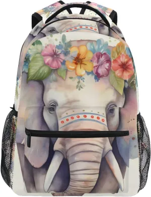 Elephant Watercolor Garland Backpack Daypack Shoulder Bag Book Bag Lightweight Back Pack with Reflective Strip Travel Laptop Daypack 12 ×16.9 In