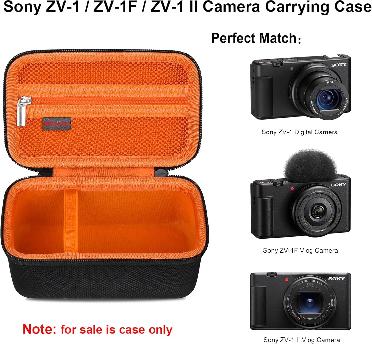 Elonbo Carrying Case for Sony ZV-1F/ ZV-1 II/ZV-1 Vlog Digital Camera for Content Creators, Sony ZV1 Vlogging Camera Hard Travel Bag, Mesh Pocket fits Battery Card Reader Cable, Black Orange