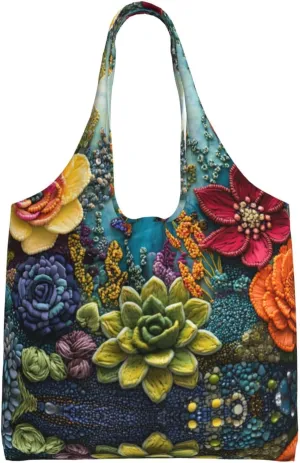 embroidered flowers Handbag, lightweight medium-sized reusable grocery bag, canvas tote bag