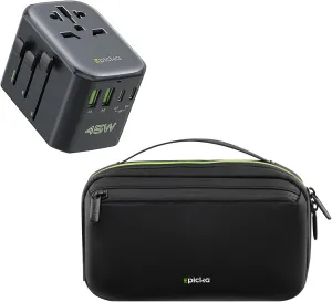 EPICKA Pulse 45W European Travel Plug Adapter with 1 AC & 3 USB-C & 2 USB-A Ports and Electronics Organizer Travel Case Tech Pouch for Cords, Charger, Adapter, Cables, Power Bank, Black