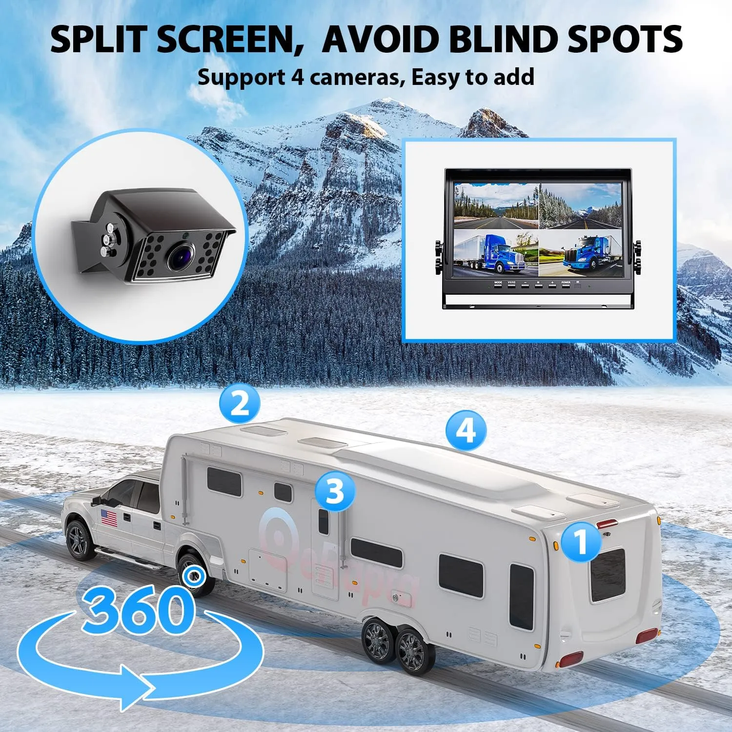 eRapta HD 1080p Backup Camera System Kit,10-inch Reversing Monitor with Quad Split Recording IP69 Waterproof, Rear View Side View Cameras, Backup Camera for RV Truck/Trailer/Tractor/Box/Camper AYX104
