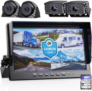 eRapta HD 1080p Backup Camera System Kit,10-inch Reversing Monitor with Quad Split Recording IP69 Waterproof, Rear View Side View Cameras, Backup Camera for RV Truck/Trailer/Tractor/Box/Camper AYX104