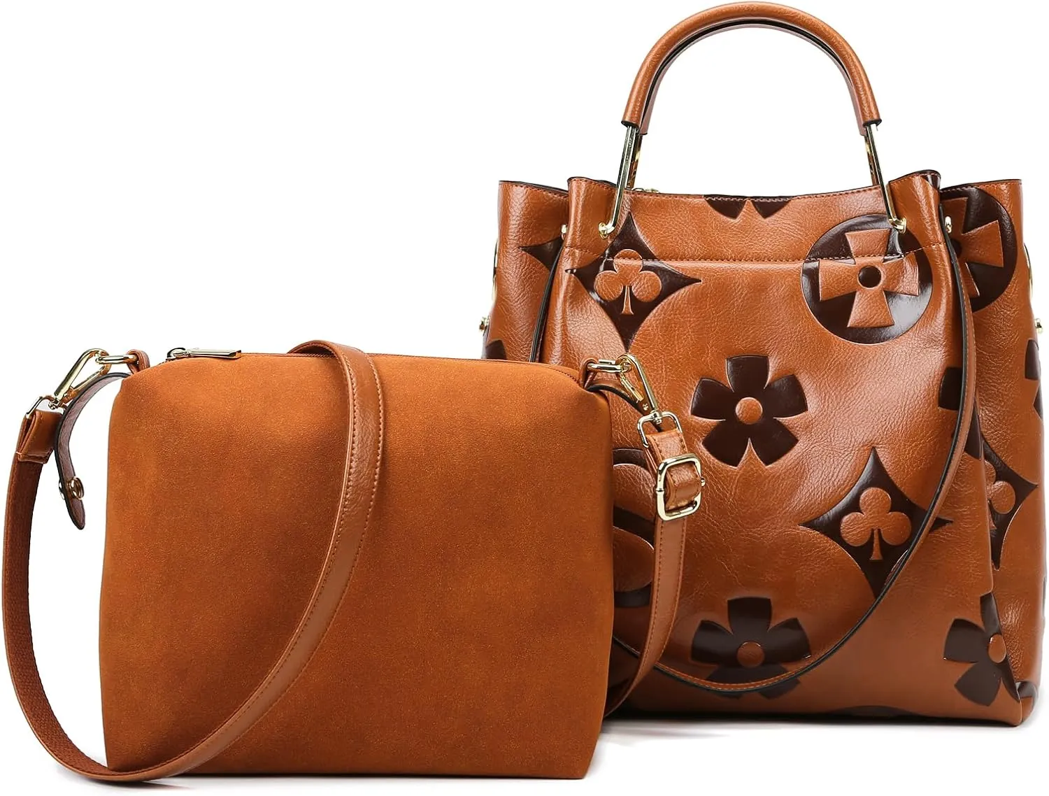 Eslcorri Women Large Tote Bag with Pouch Set of 2, Retro Shoulder Top-handle Carry Handbag Crossbody PU Leather Bucket Purse