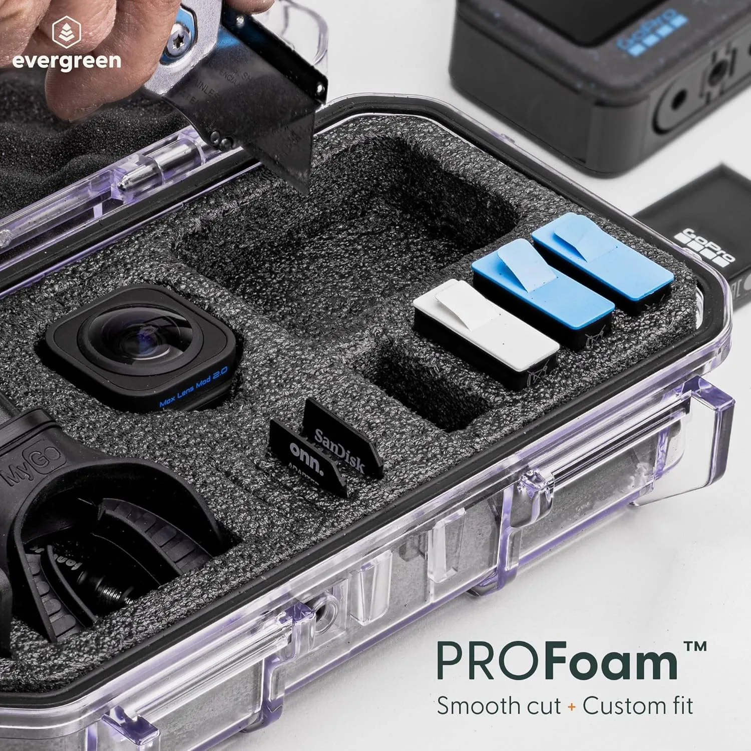 Evergreen ToughBox Tech Organizer – For Camera, Cables, Hard Drives, Compatible with GoPro etc. (Medium, PROFoam, Clear)