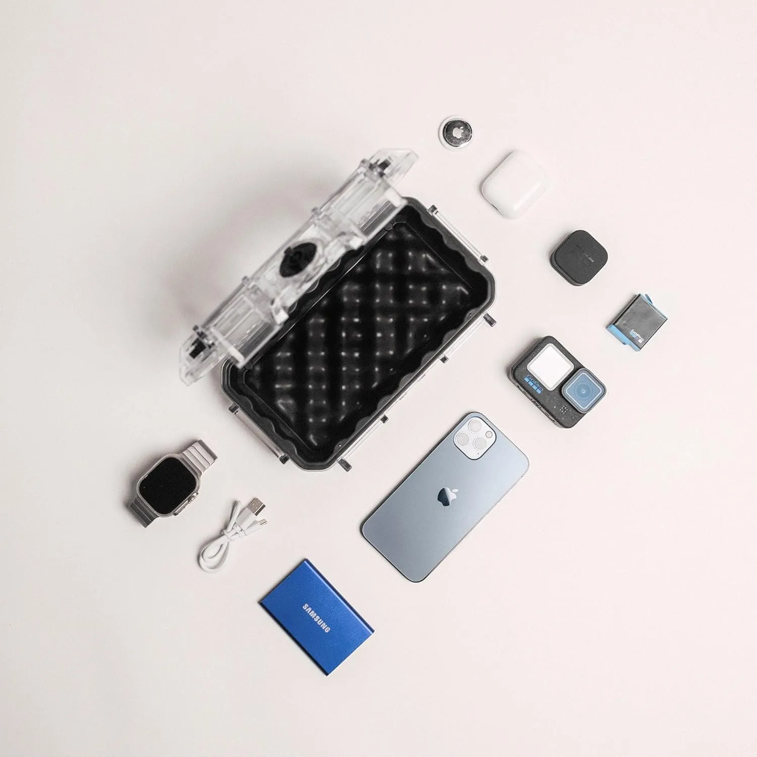 Evergreen ToughBox Tech Organizer – For Camera, Cables, Hard Drives, Compatible with GoPro etc. (Medium, Rubber Boot, Clear)