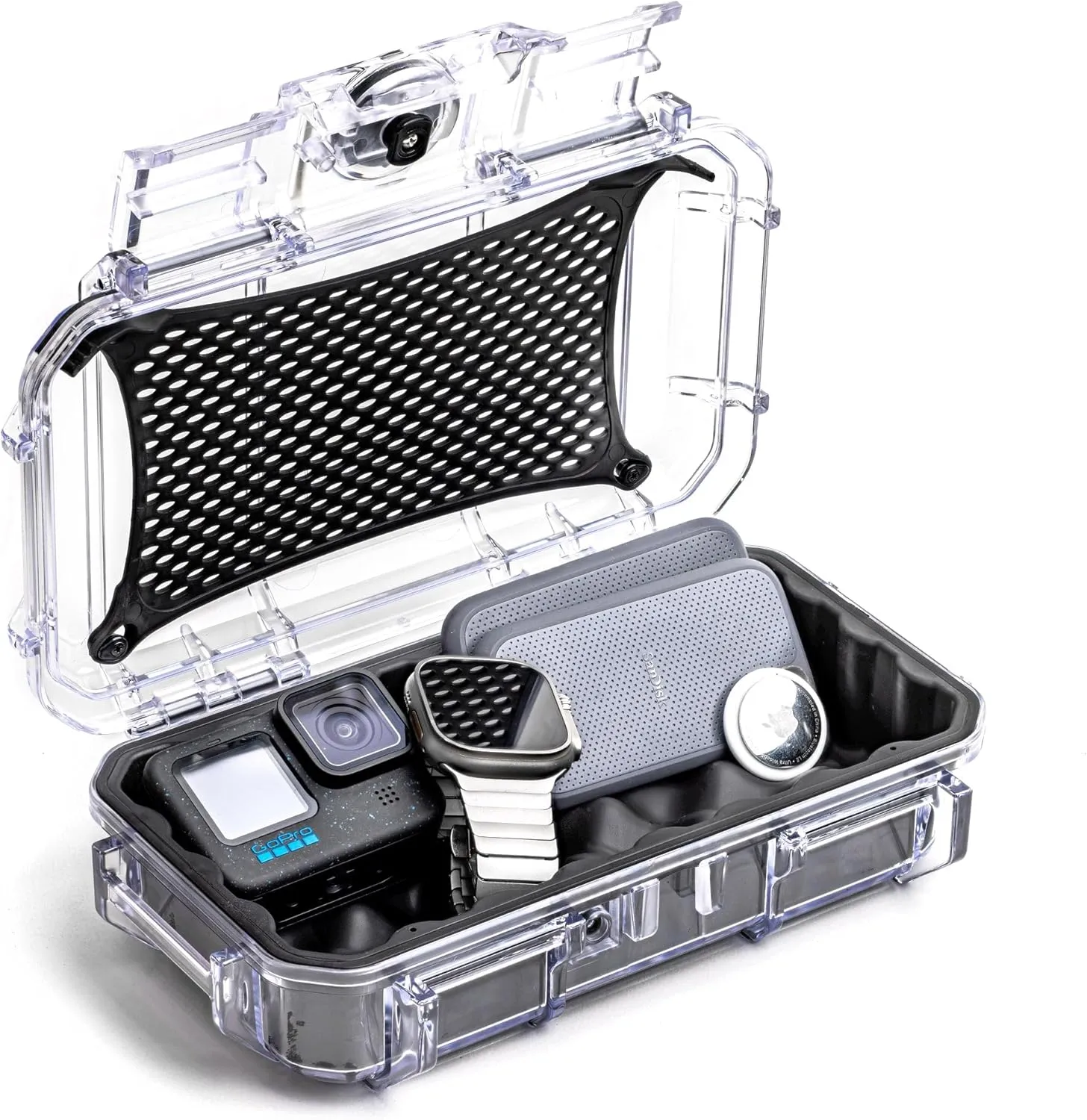 Evergreen ToughBox Tech Organizer – For Camera, Cables, Hard Drives, Compatible with GoPro etc. (Medium, Rubber Boot, Clear)