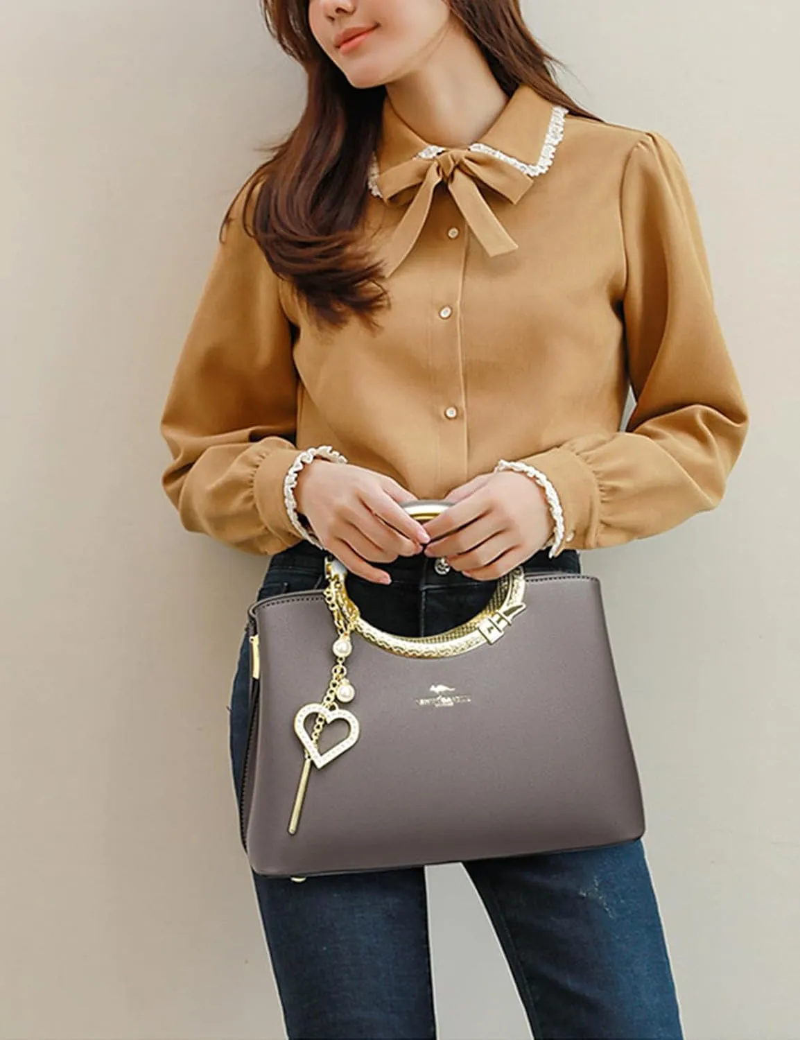 Exquisite Real Genuine Leather Metal Ring Handle Bag For Women Crossbody Handbags With Shoulder Strap For Women