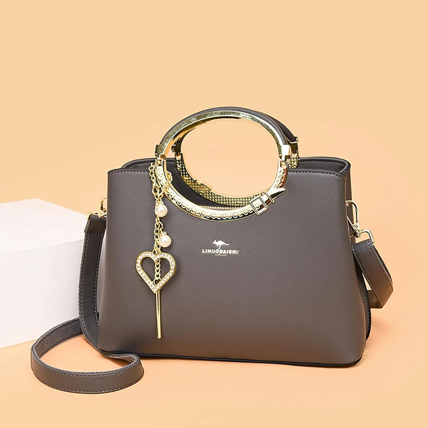 Exquisite Real Genuine Leather Metal Ring Handle Bag For Women Crossbody Handbags With Shoulder Strap For Women