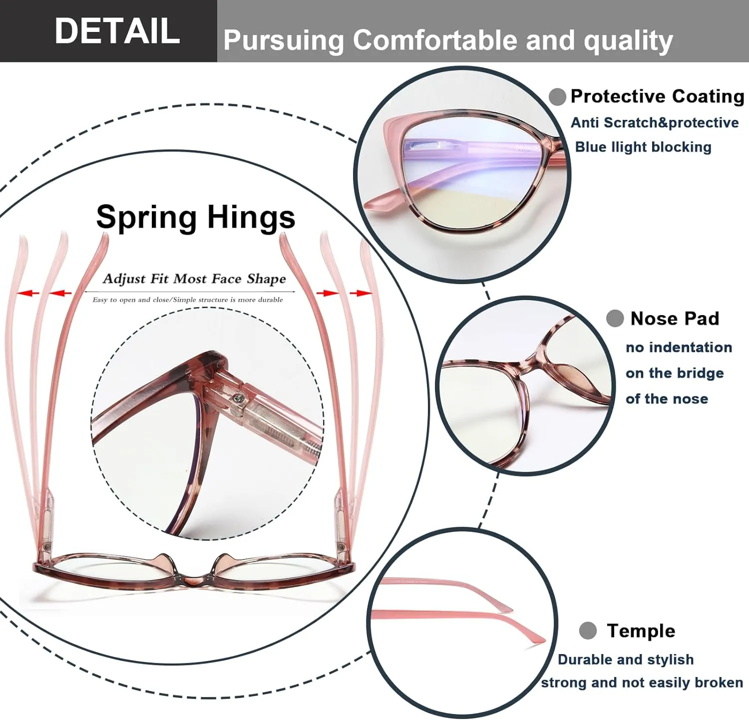 EYEURL 5 Pack Reading Glasses for Women-Cat Eye Blue Light Blocking Readers Fashion Computer Glasses with Spring Hinge Anti-Glare Readers for Women 0.5