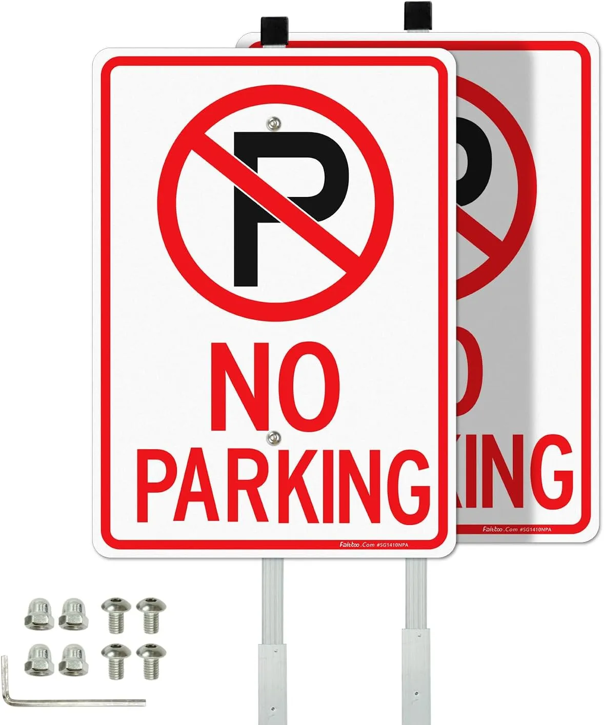 Faittoo No Parking Signs with 36" Stake for Outside, 2-Pack 14"x10" Rust Free Heavy Aluminum, Reflective, Fade Resistant, 2 pre-drilled holes, Includes Matching Screws & Wrench, Easy to Mount