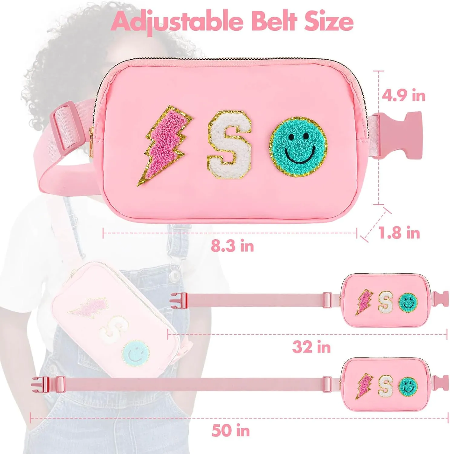 Fanny Pack for Girls Birthday Easter Gifts, Girls Crossbody Bag Preppy Nylon Teen Belt Bag for Graduation Travel Gifts, Light Pink Chenille S Letter