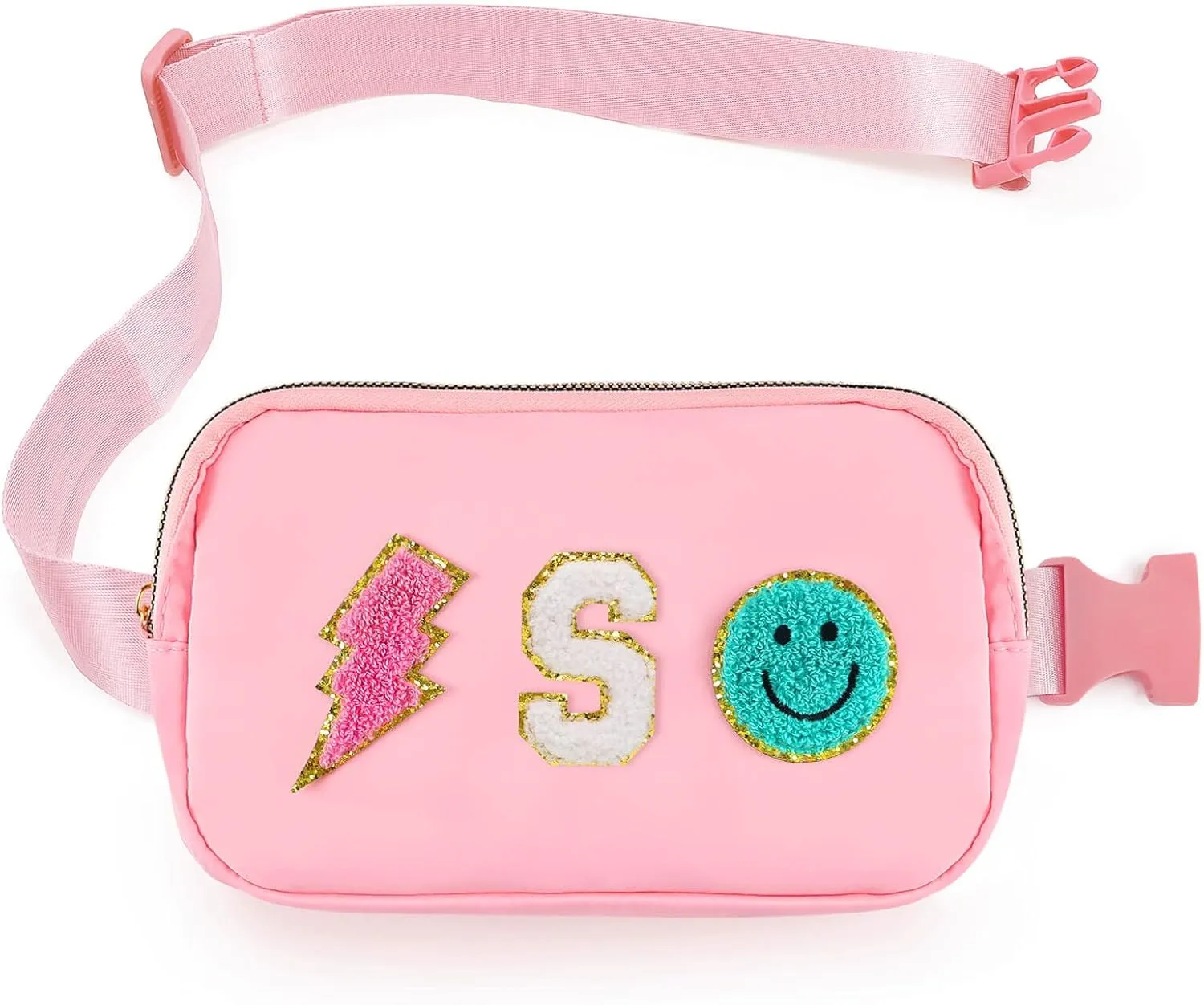 Fanny Pack for Girls Birthday Easter Gifts, Girls Crossbody Bag Preppy Nylon Teen Belt Bag for Graduation Travel Gifts, Light Pink Chenille S Letter