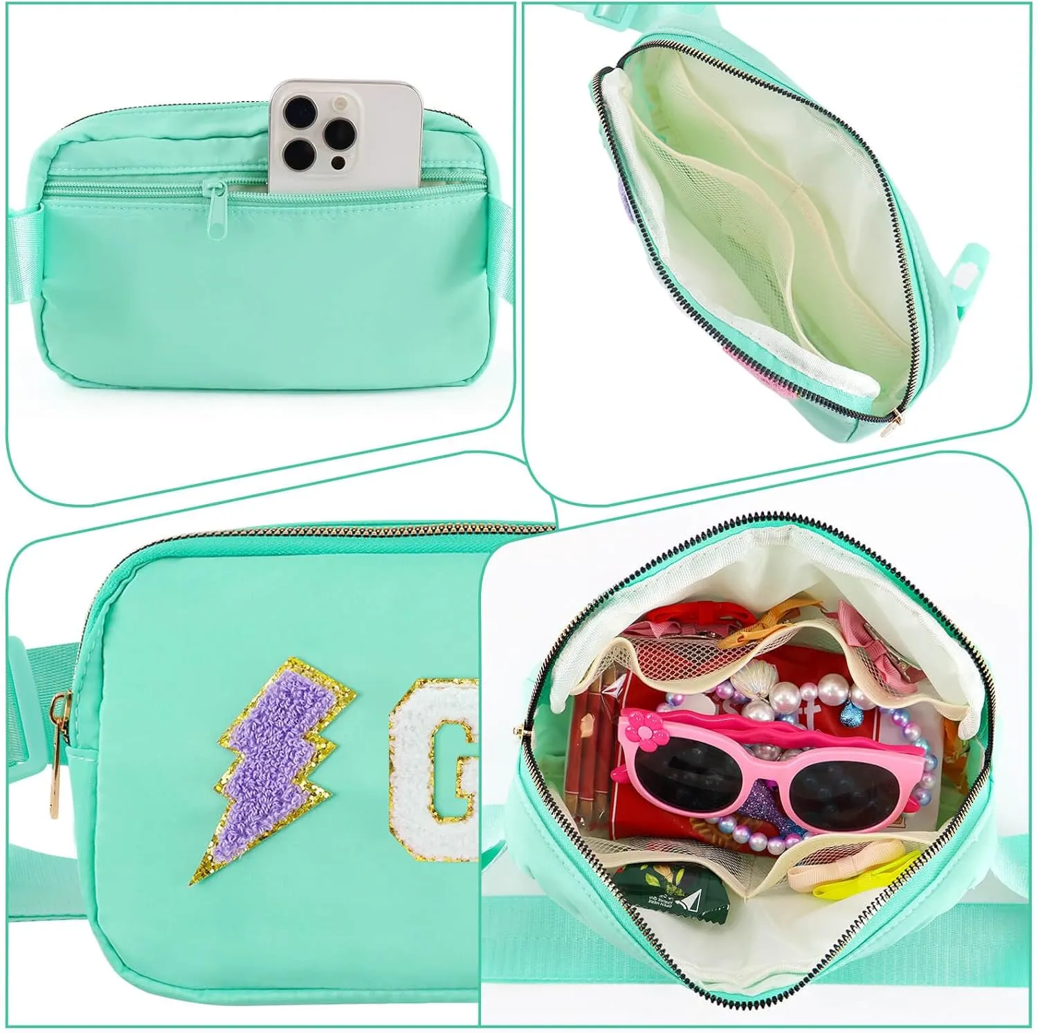 Fanny Pack for Girls Crossbody Bag, Preppy Nylon Belt Bag for Birthday Easter Gifts for 4-13 Year Old Kids Teen Girls, Chenille G Letter Fanny Pack, Green