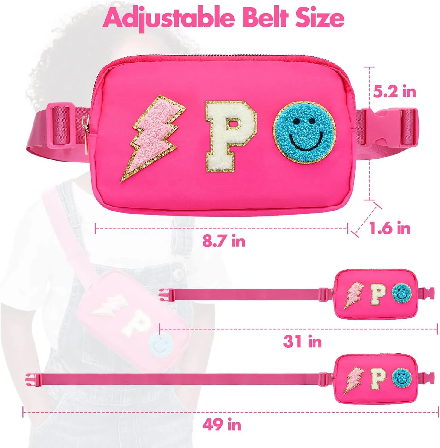 Fanny Pack for Girls Crossbody Bag, Preppy Nylon Kids Belt Bag for Birthday Christmas Graduation Personalized Gifts, Pink Chenille P Letter for Women Teen Girls Fanny Pack