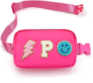 Fanny Pack for Girls Crossbody Bag, Preppy Nylon Kids Belt Bag for Birthday Christmas Graduation Personalized Gifts, Pink Chenille P Letter for Women Teen Girls Fanny Pack