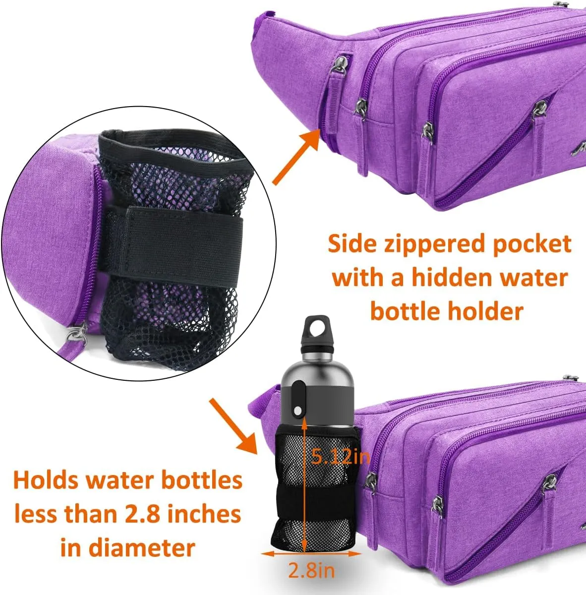 Fanny Pack for Men Women Waist Bag with Water Bottle Holder Waterproof Crossbody Belt Bag with Adjustable Strap for Travel Hiking Running Outdoor Sports (Purple)