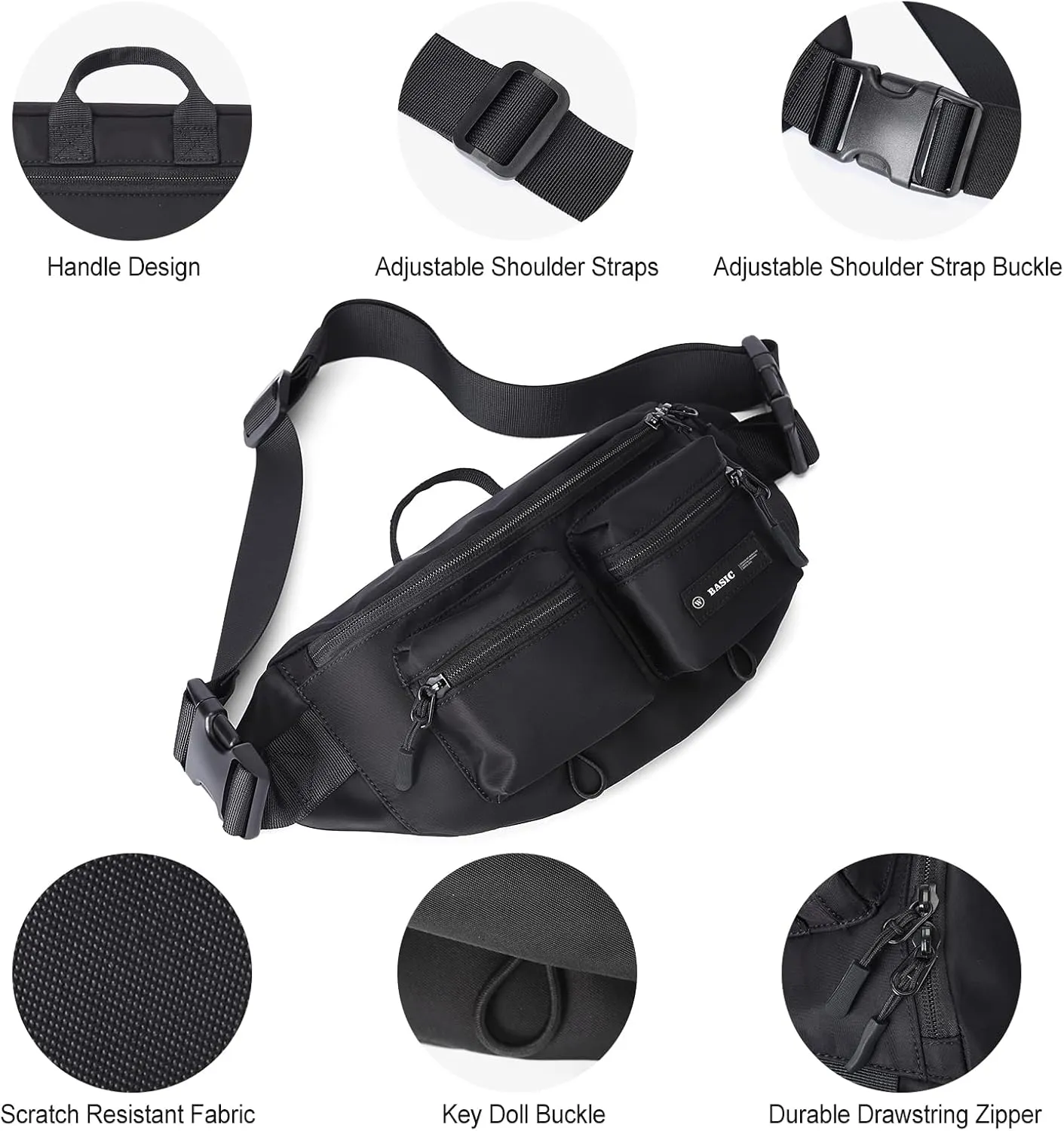 Fanny Pack for Women Men Crossbody Bag with 6-Zipper Pocket Adjustable Strap Black Fanny Packs Sling bag for Men Outdoor Travel Sports Hiking Running