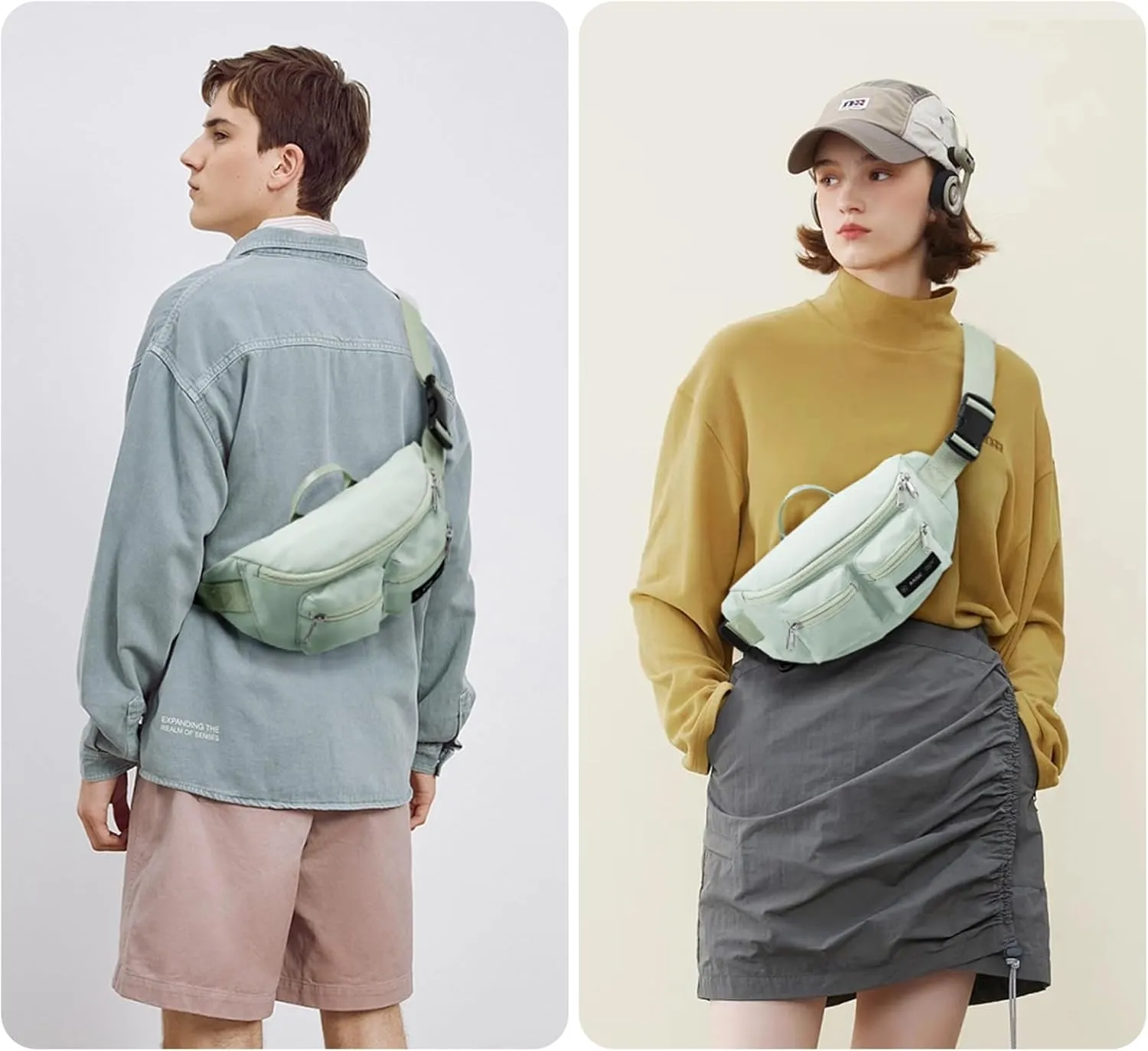 Fanny Pack for Women Men Crossbody Waist Pack Bag with 6-Zipper Pocket Adjustable Strap Black Fanny Packs for Outdoor Travel Sports Hiking Running, Mint Green
