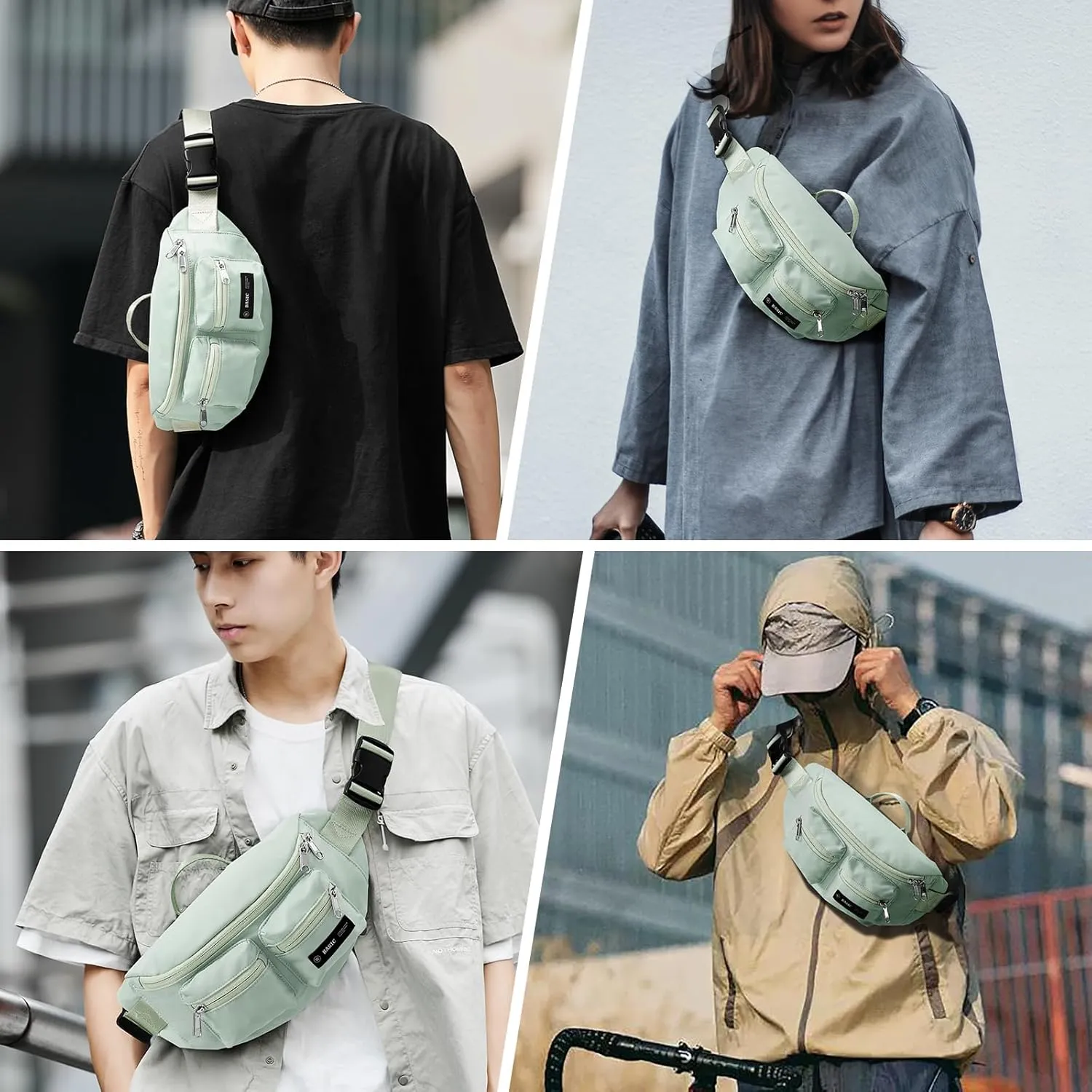 Fanny Pack for Women Men Crossbody Waist Pack Bag with 6-Zipper Pocket Adjustable Strap Black Fanny Packs for Outdoor Travel Sports Hiking Running, Mint Green