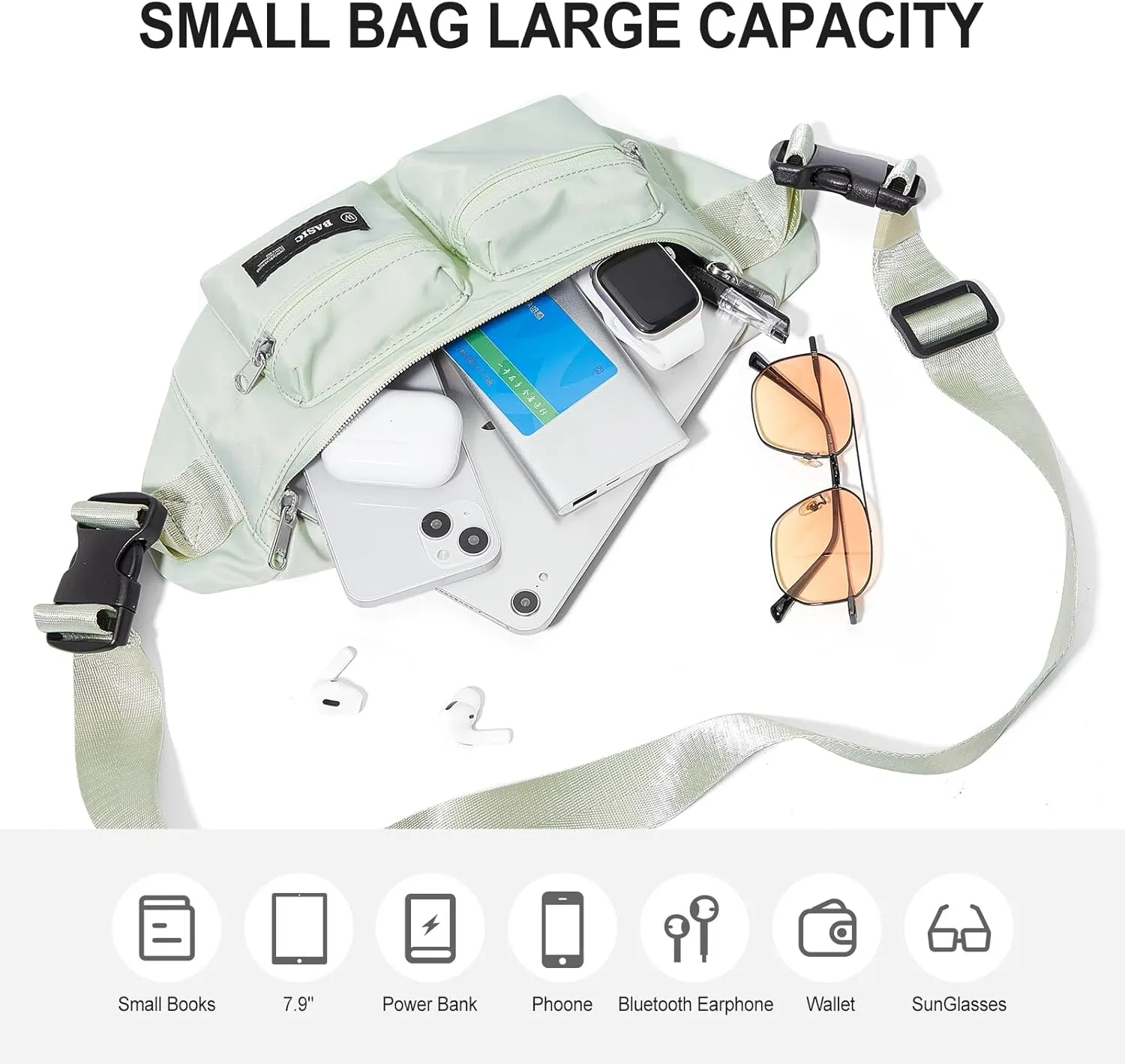 Fanny Pack for Women Men Crossbody Waist Pack Bag with 6-Zipper Pocket Adjustable Strap Black Fanny Packs for Outdoor Travel Sports Hiking Running, Mint Green
