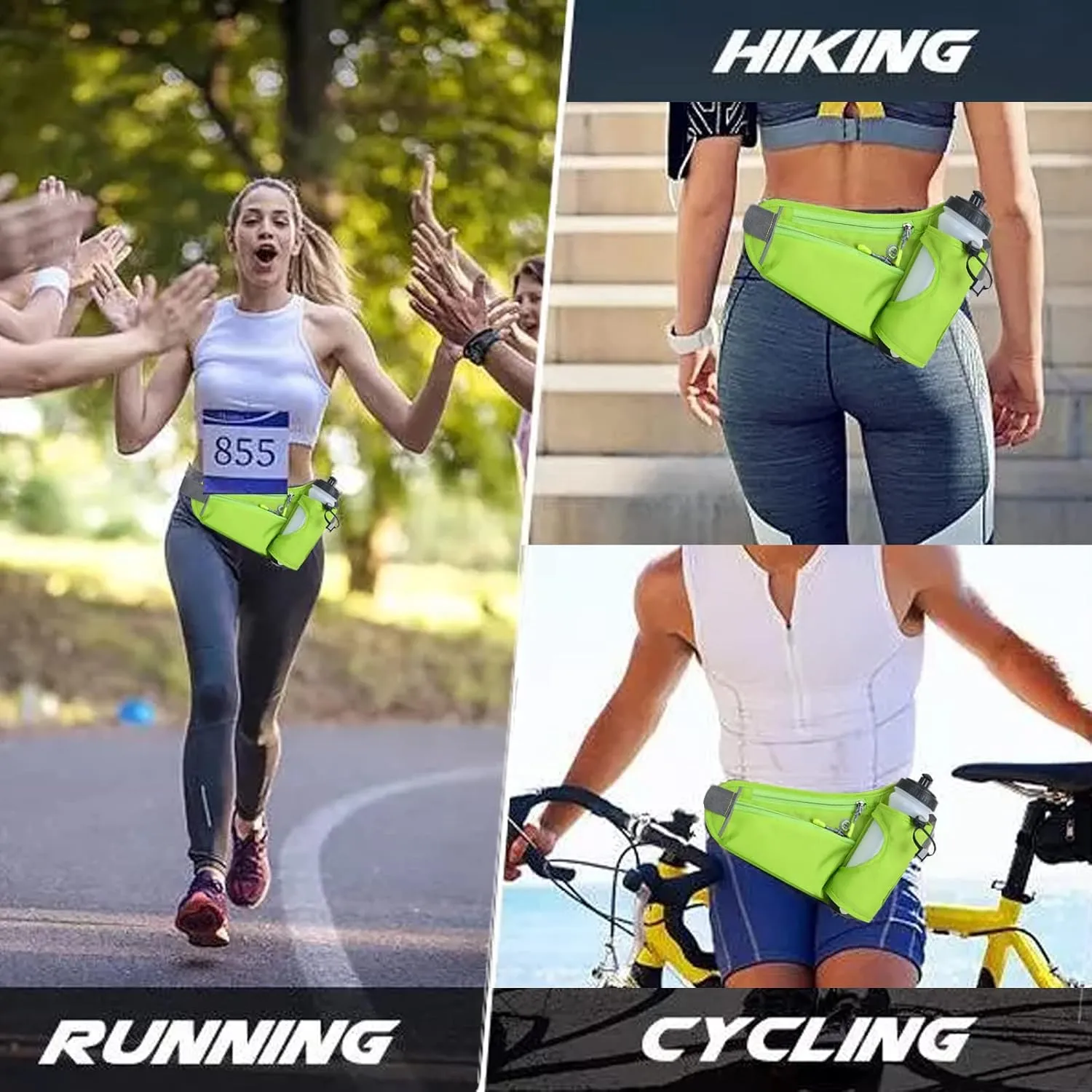 Fanny Pack with Water Bottle Holder, Hydration Running Belt for Men Women Adjustable Strap Waist Bag Suitable for Hiking Running Walking Jogging Camping (Bottle Not Included) (Green)