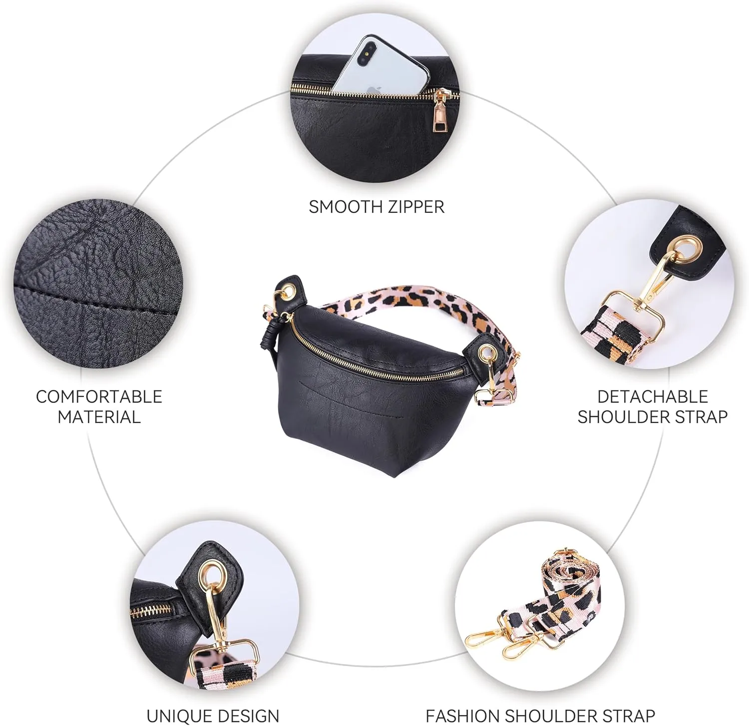 Fanny Packs Waist Bag for Women-Fashion Crossbody Bags Chest Purses Belt Bag with 2 Adjustable Strap (Black)