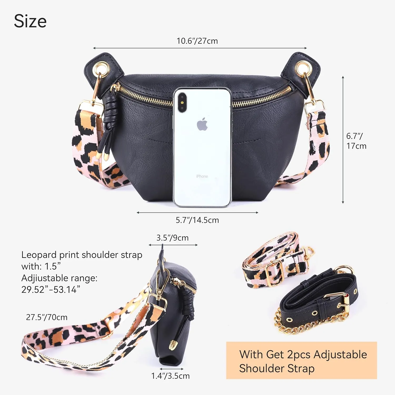 Fanny Packs Waist Bag for Women-Fashion Crossbody Bags Chest Purses Belt Bag with 2 Adjustable Strap (Black)