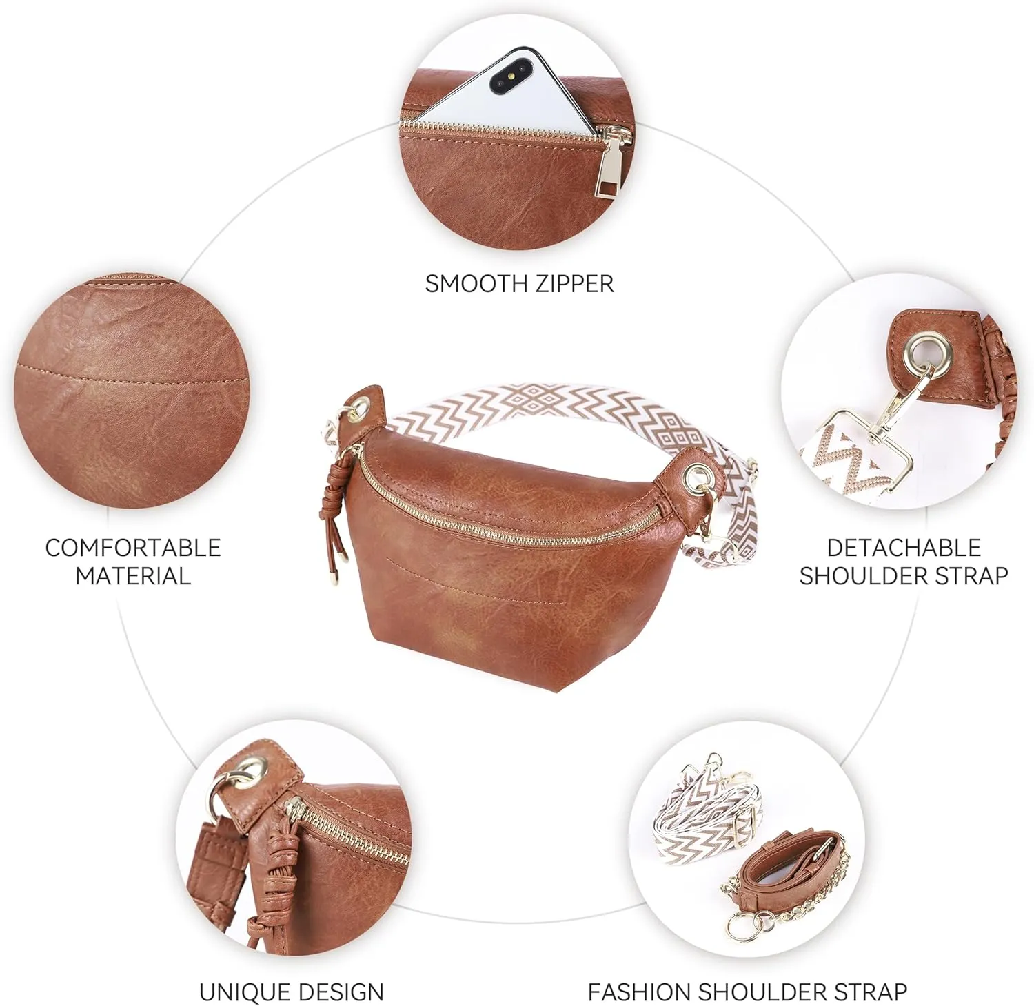 Fanny Packs Waist Bag for Women-Fashion Crossbody Bags Chest Purses Belt Bag with 2 Adjustable Strap (Brown)