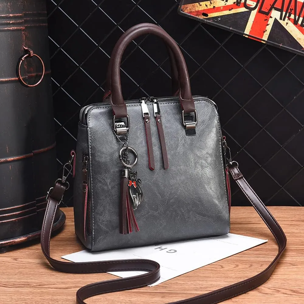 Fashion Retro Double Handle Satchel Handbag for Women Leather Crossbody Purse Top Handle Shoulder Bag Totes (Black)
