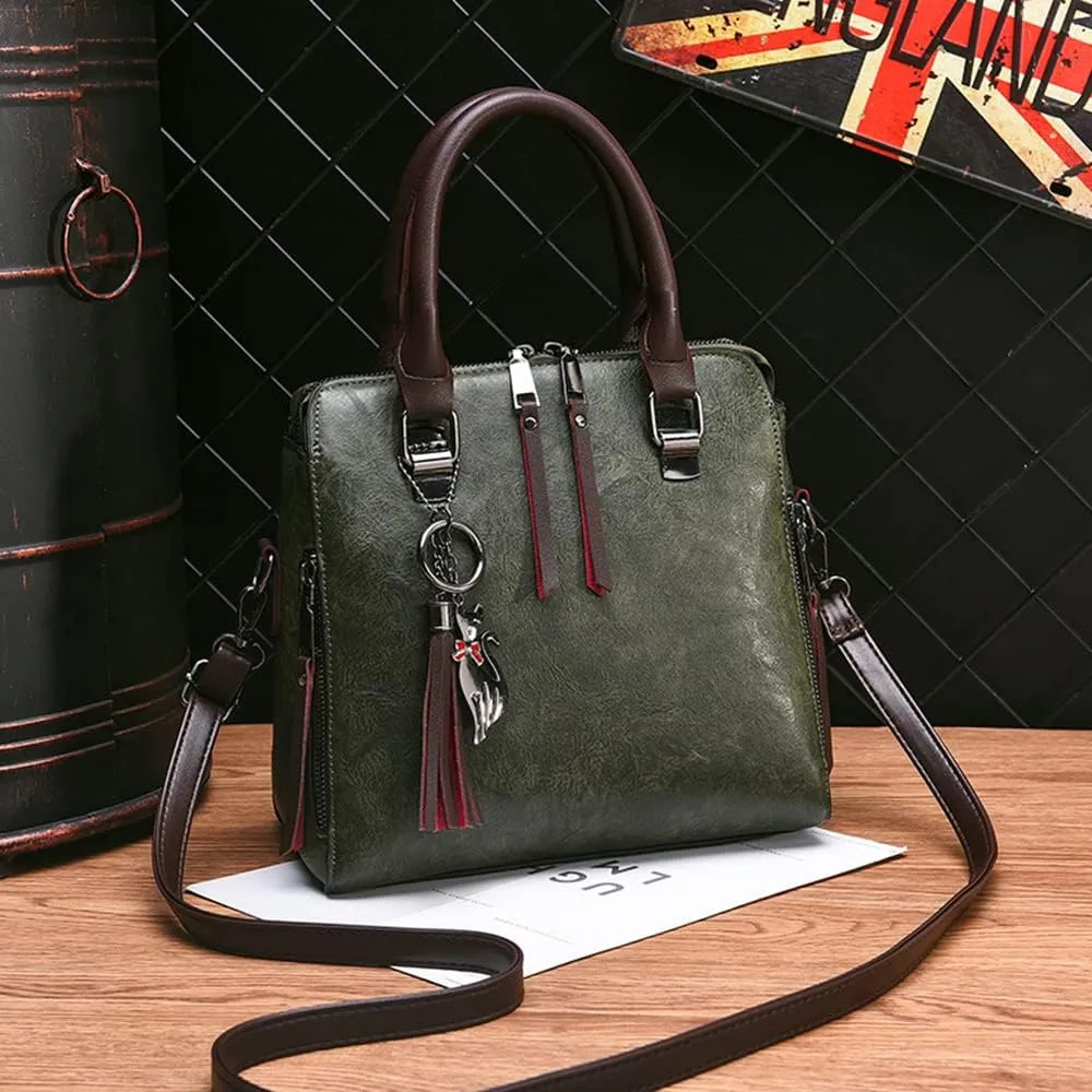Fashion Retro Double Handle Satchel Handbag for Women Leather Crossbody Purse Top Handle Shoulder Bag Totes (Black)