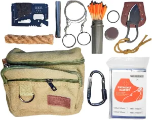 Fire Starter Weather Proof Matches Ferro Rod Striker Emergency Blanket Saw Wire Multi Purpose Tool Wax Ropes Waist Bag for Hiking Camping (Matches Big Rope Knife Saw Tool Blanket   D-Ring Hook   Bag)