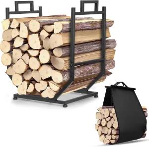 Firewood Rack, Indoor/Outdoor Firewood Holder with Firewood Carrier Bag, Thickened Metal Fireplace Log Holder with Adjustable Feet, Black