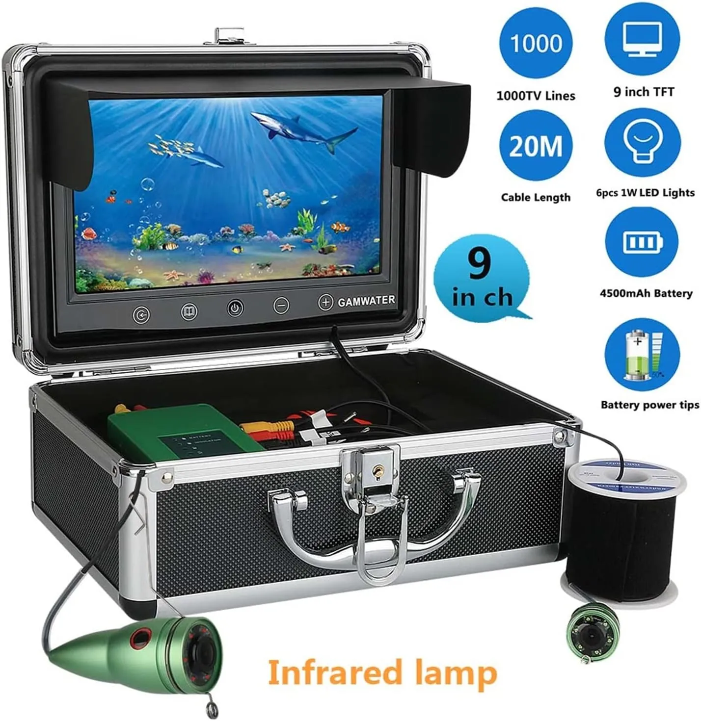 Fishing Camera, 1000TVL Underwater Fishing Video Camera Kit 6 PCS Infrared Lamp Lights with 9" Inch Color Monitor Fish Finder for Ice Fishing(03AJ IR 20M)
