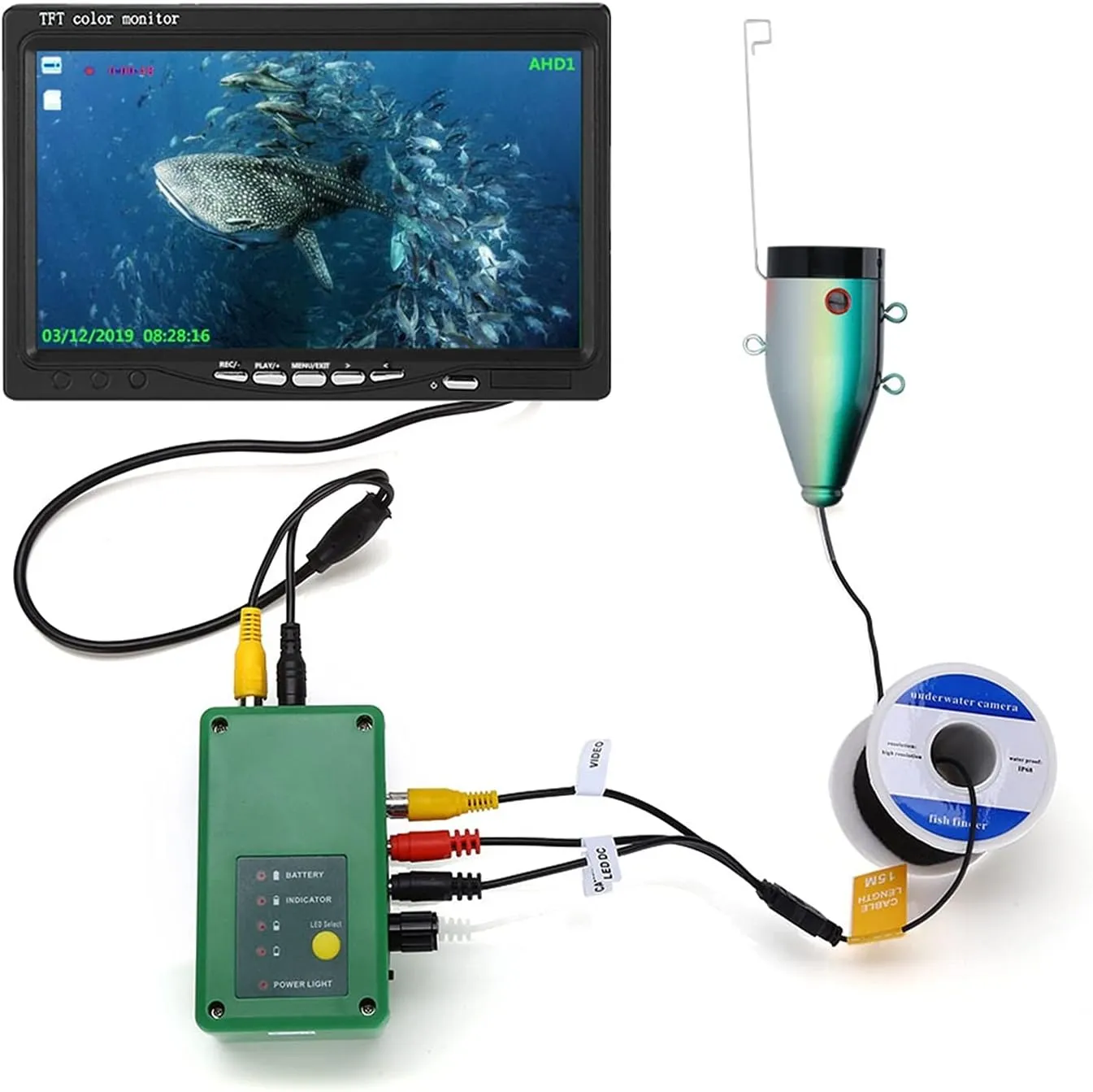 Fishing Camera, 15M/30M Underwater Video Fishing Camera Fish Finder with DVR Record 16G TF Card 7INCH 1080P Cam Double Lamp for ICE/SEA Fishing(F7AD-2L-30M)