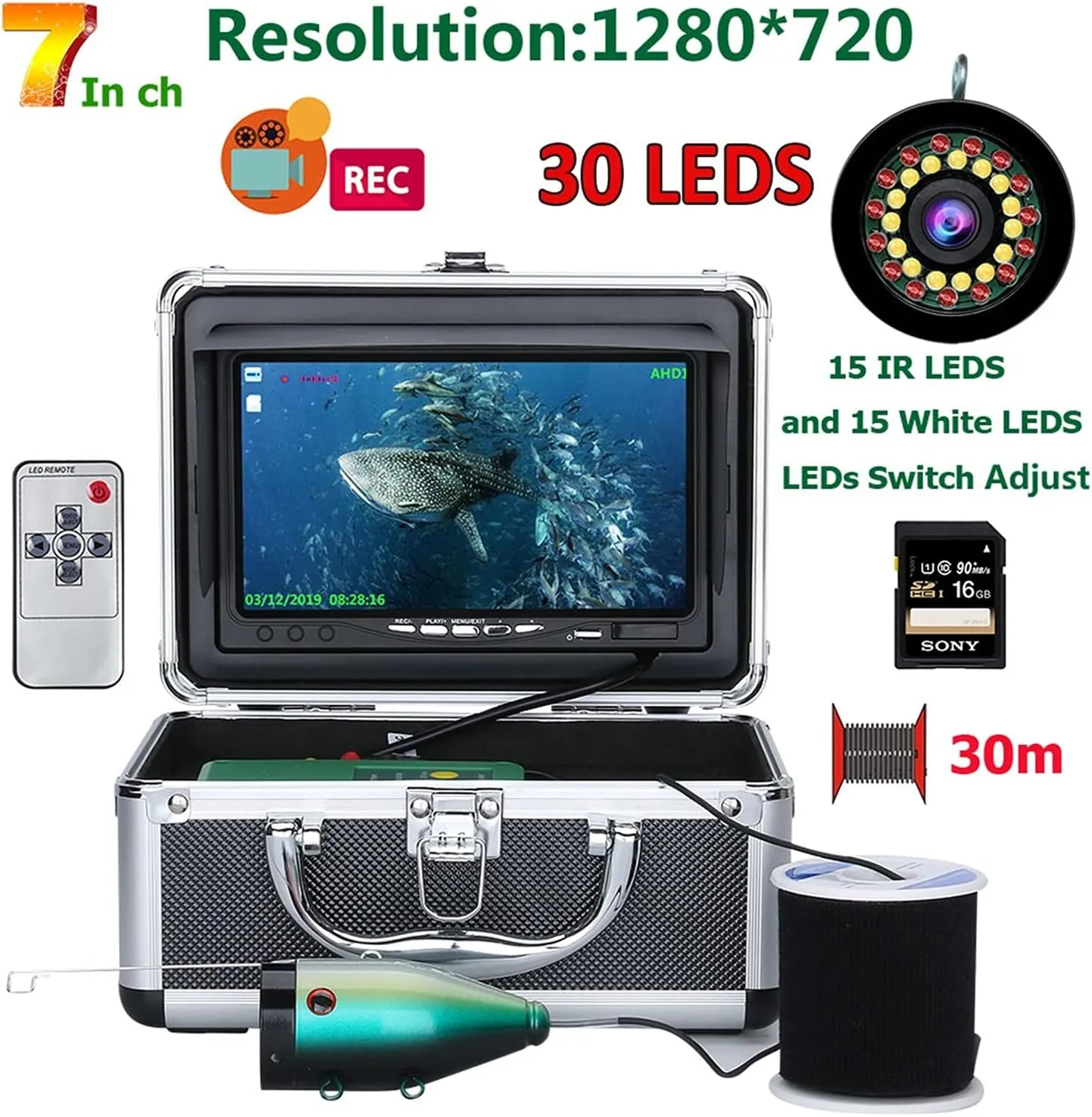 Fishing Camera, 15M/30M Underwater Video Fishing Camera Fish Finder with DVR Record 16G TF Card 7INCH 1080P Cam Double Lamp for ICE/SEA Fishing(F7AD-2L-30M)