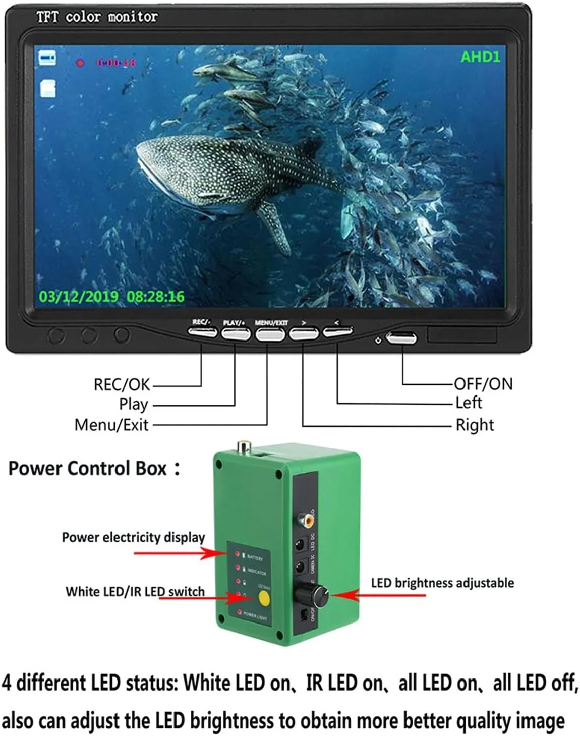 Fishing Camera, 15M/30M Underwater Video Fishing Camera Fish Finder with DVR Record 16G TF Card 7INCH 1080P Cam Double Lamp for ICE/SEA Fishing(F7AD-2L-30M)